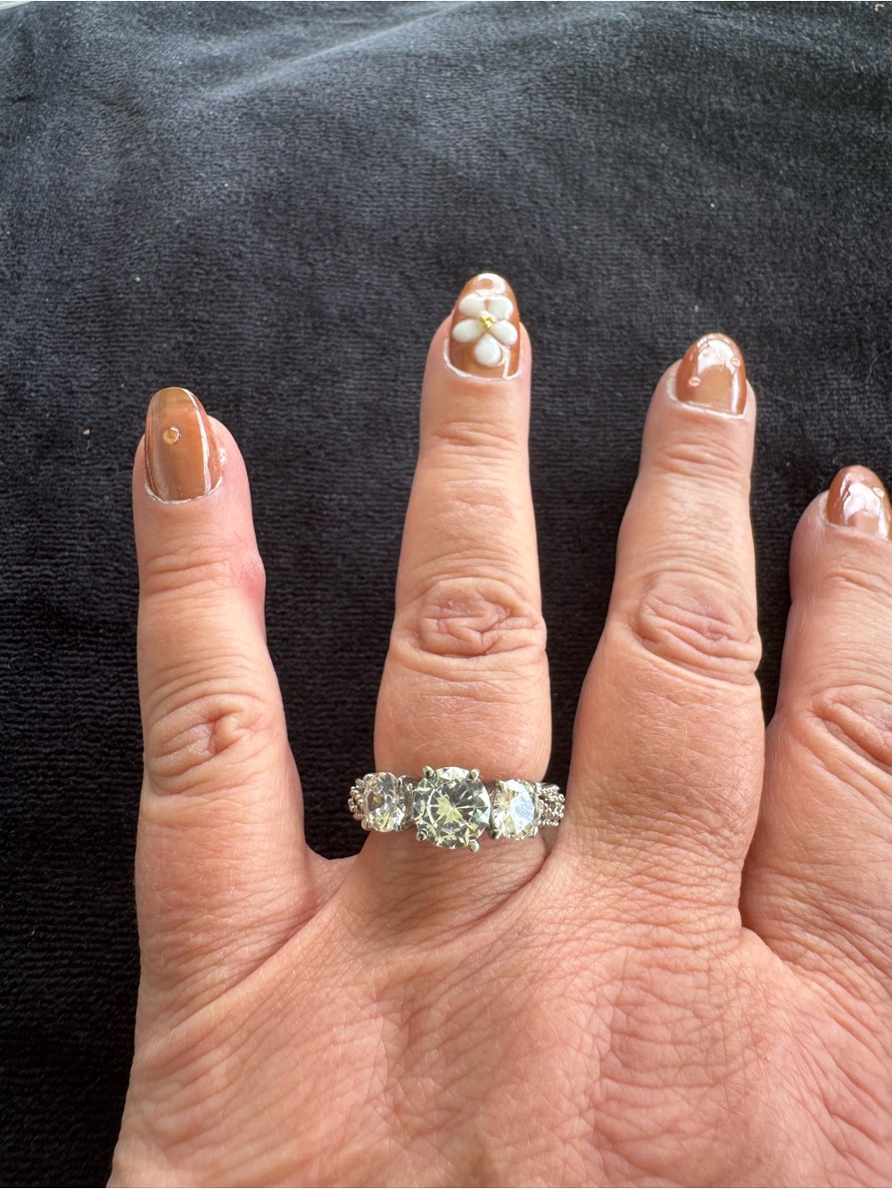 Three-Stone Silvertone Engagement Ring with Clear Stones - White Size 9